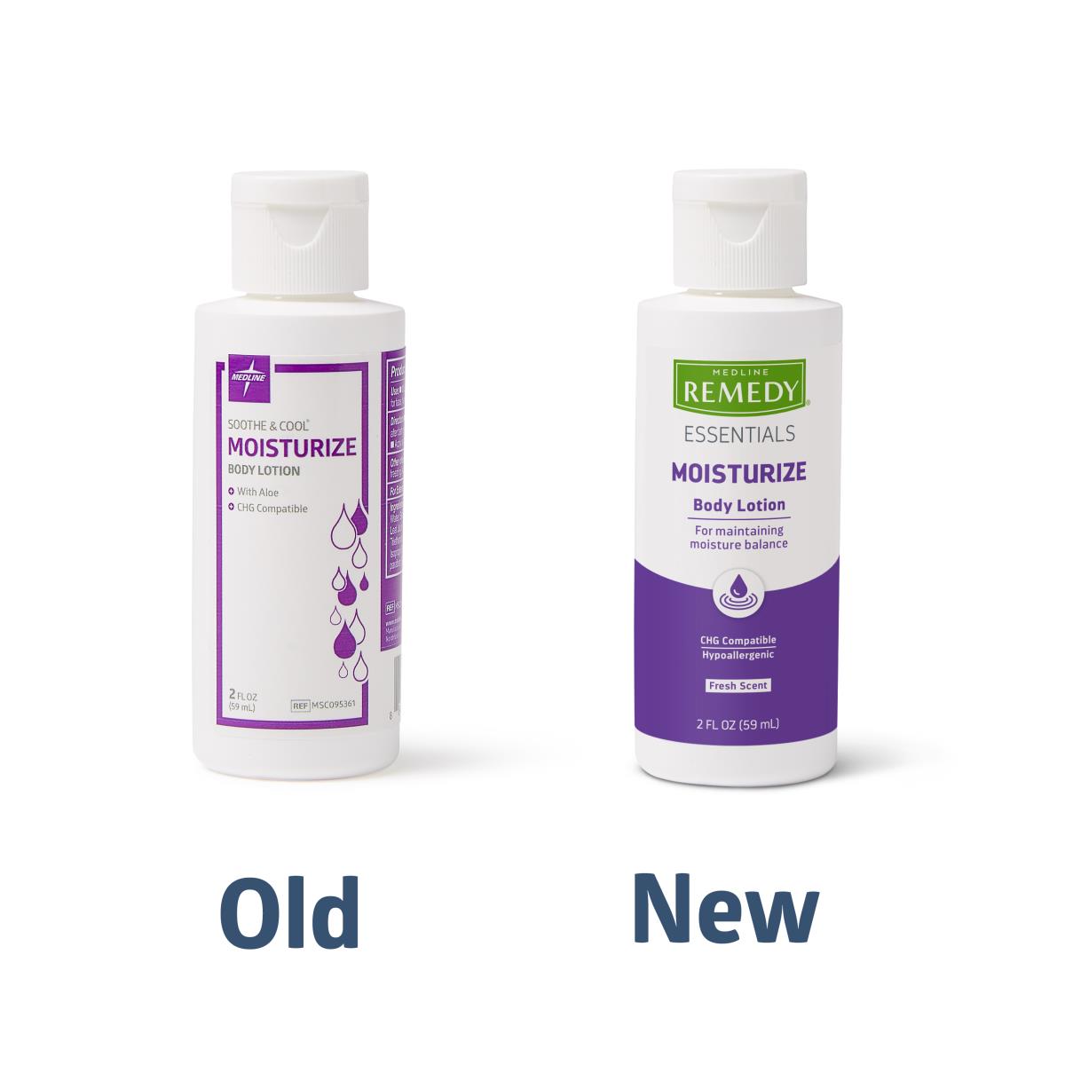 Medline Remedy Essentials body lotion bottles showing old and new packaging side by side, both 2 fl oz with purple labels