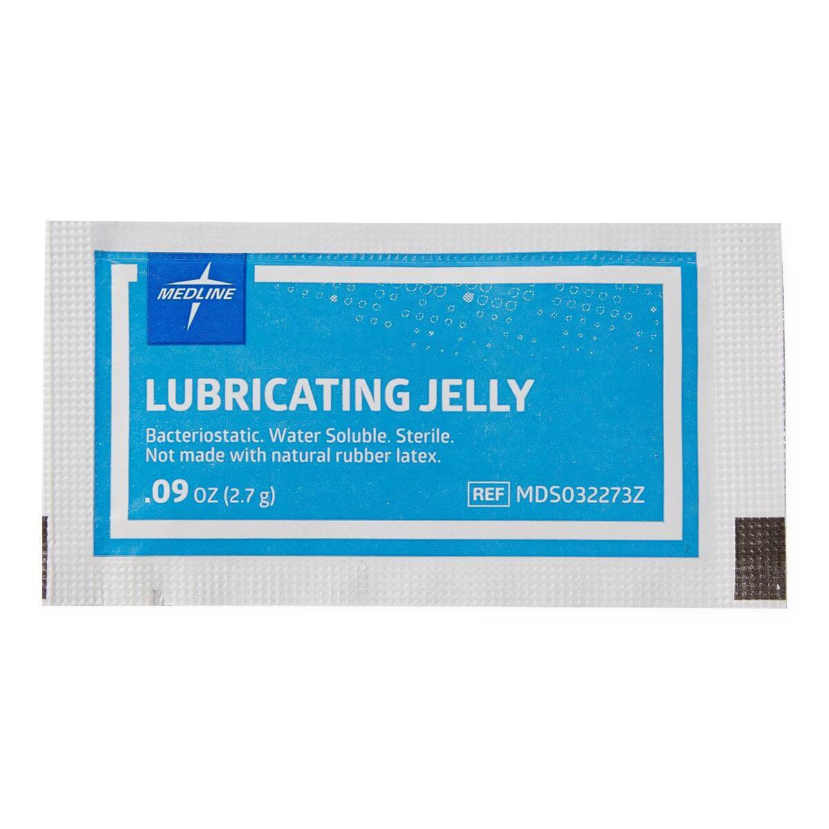 Lubricating jelly single-use foil packet with blue label, sterile and water soluble, 2.7g size