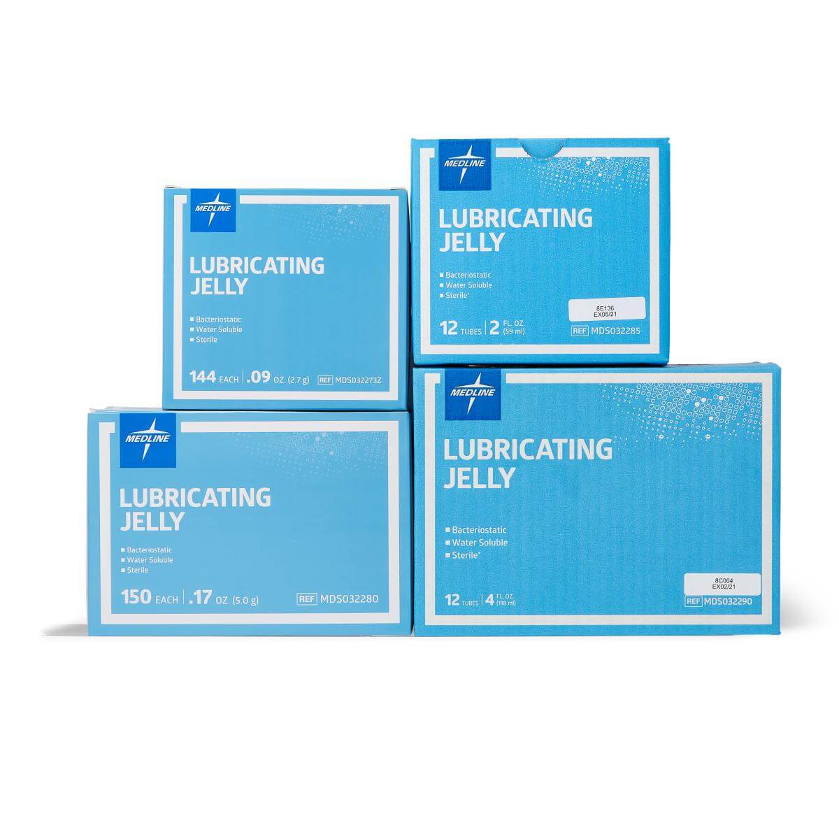 Lubricating jelly packets in four blue Medline boxes of varying sizes stacked together on white background