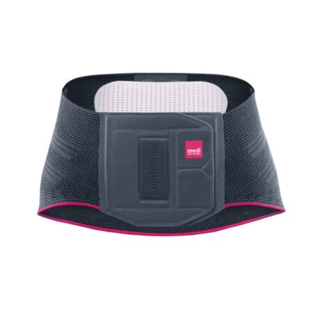 Lumbar support belt in gray with pink trim, featuring a molded back panel and breathable mesh lining