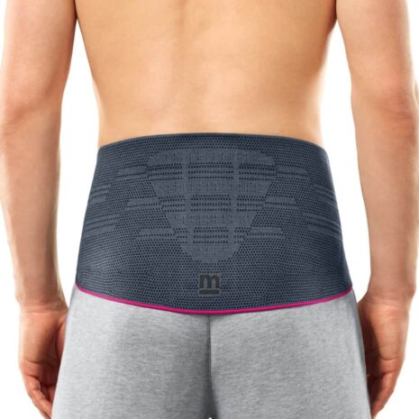 Lumbamed Plus lumbar support for men, rear view, gray knit brace with pink trim worn over lower back