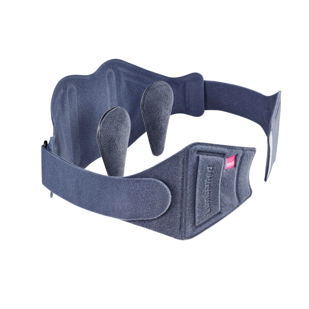 Lumbamed Sacro back support belt in navy blue with contoured padding, hook-and-loop closure, and adjustable wraparound strap
