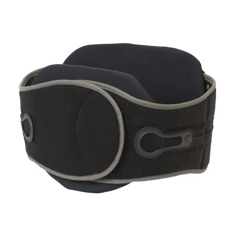 Lumbar spine brace in black with gray trim, padded back panel, and tension adjustment pulls on front panels