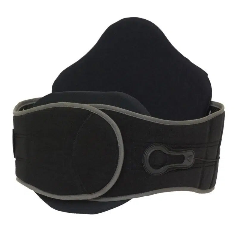 Lumbar spine brace in black neoprene with gray trim, padded back panel, and front closure buckle