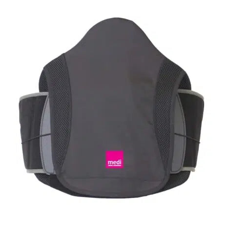 Lumbar spine brace in dark gray with mesh side panels and pink Medi logo, shown from front on white background