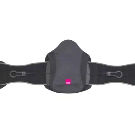 Lumbar spine brace in dark gray with contoured back panel, side straps, and clip closures, shown flat against white