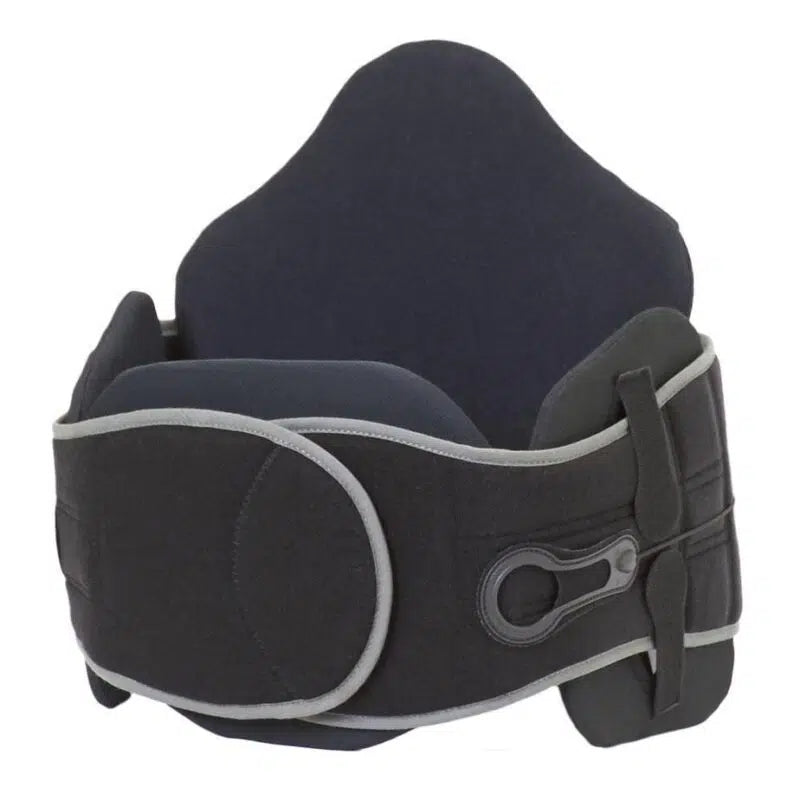 Lumbar spine brace in black with gray trim, padded back panel, side adjustment buckle, and contoured abdominal support