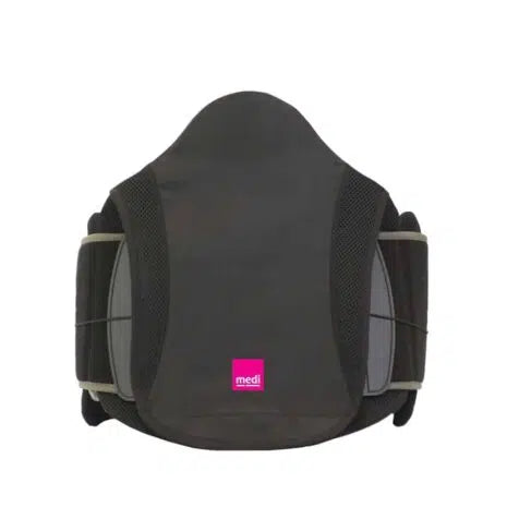 Lumbar spine brace in black mesh fabric with side panels and adjustable straps, shown from the front on white background