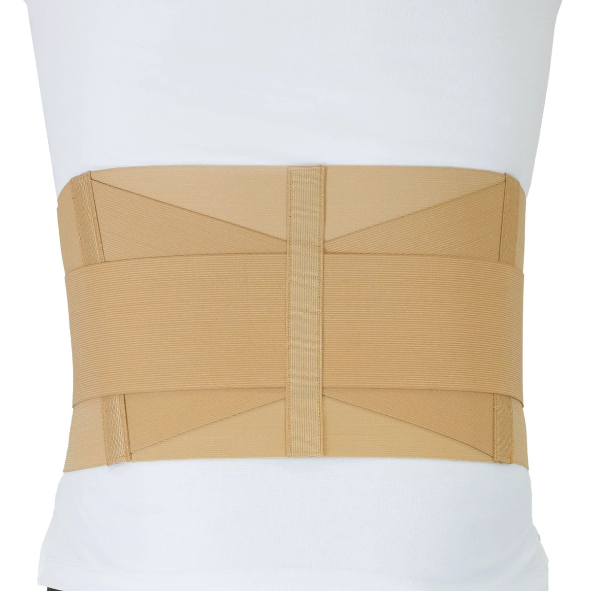 Lumbar sacral support brace in beige elastic fabric with criss-cross strapping, shown worn around the lower torso of a