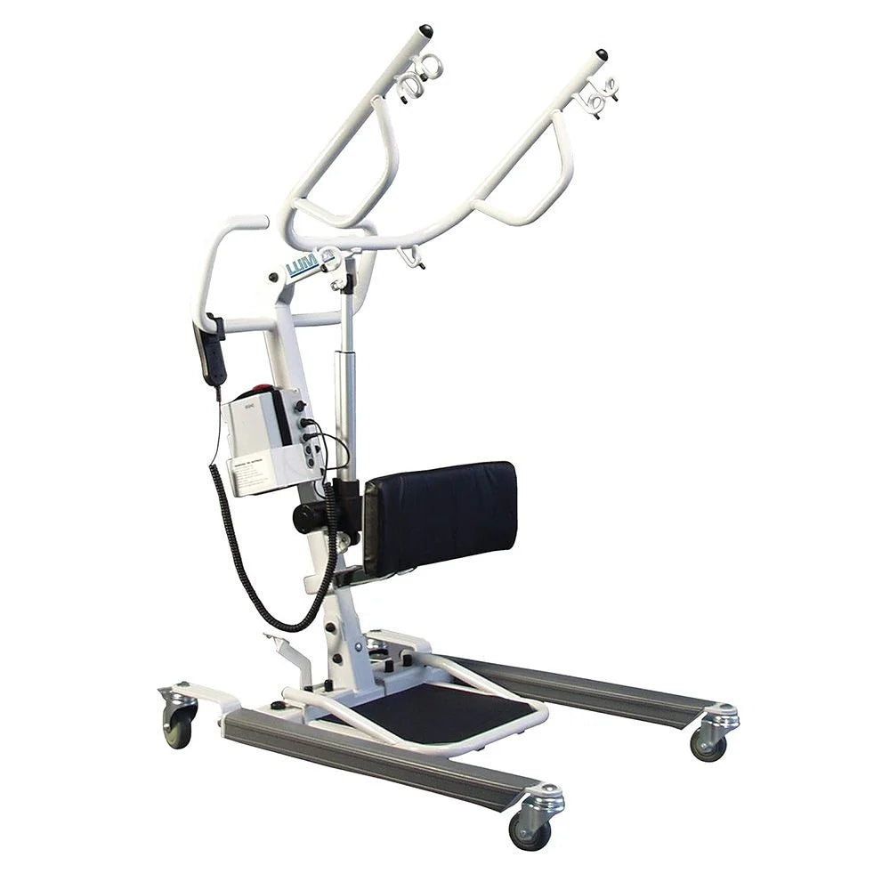 Electric stand assist patient lift with white steel frame, padded knee support, grab bars, foot platform, and four caster