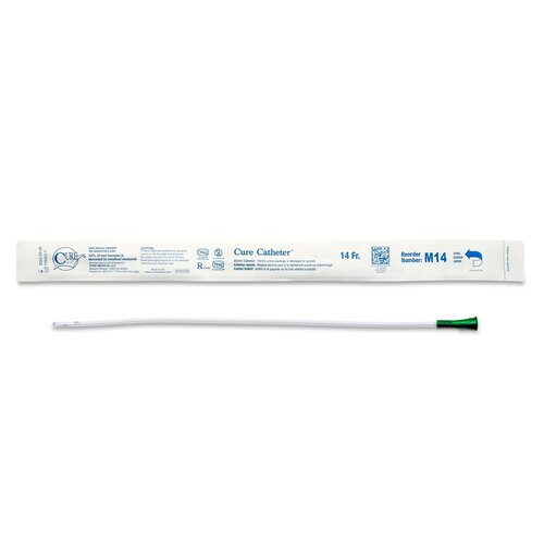 Cure male length intermittent straight tip catheter shown beside its packaging, with green funnel end and white flexible