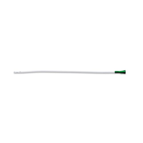 Intermittent straight tip catheter with white flexible tube and green funnel-shaped connector end