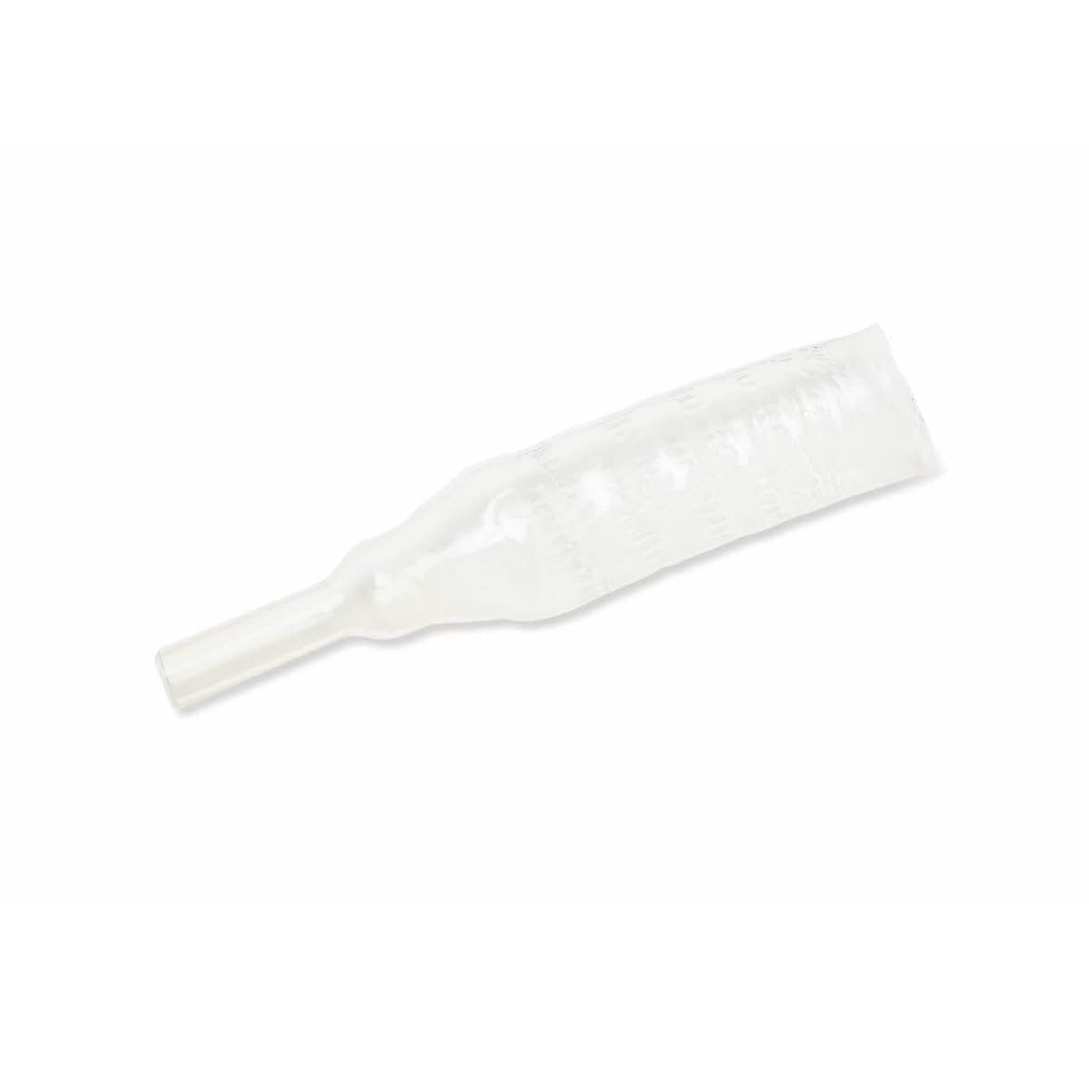 Male external catheter, clear silicone with wide body and narrow drainage tip, shown unrolled on white background