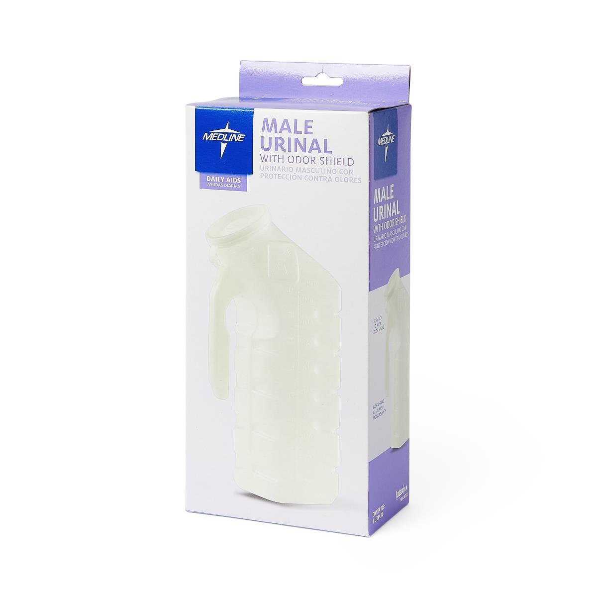 Male urinal with odor shield in Medline packaging, white and lavender box with clear window showing translucent plastic