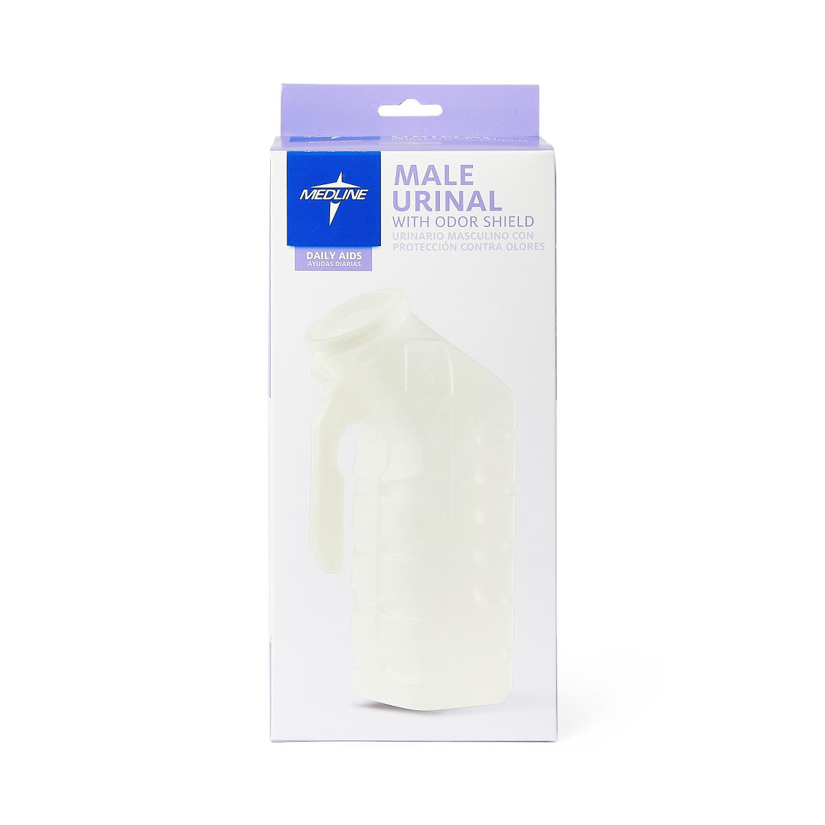 Male urinal with glow-in-the-dark lid in Medline packaging with purple and white design, handle visible through window