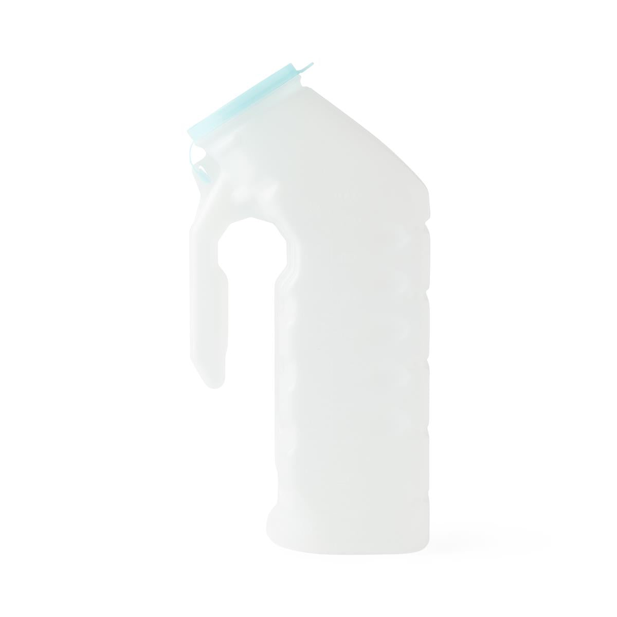 Male urinal with glow-in-the-dark lid, white plastic body with handle and angled spout opening