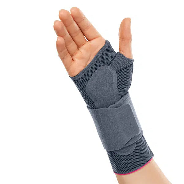 Manumed active wrist support in gray mesh fabric with thumb loop and adjustable strap, worn on a right hand