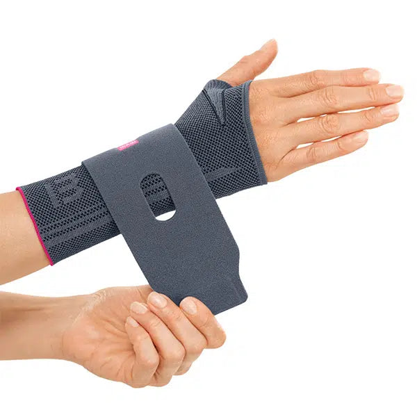 Manumed active wrist support in gray knit fabric with pink trim, shown being applied to a person's wrist and forearm
