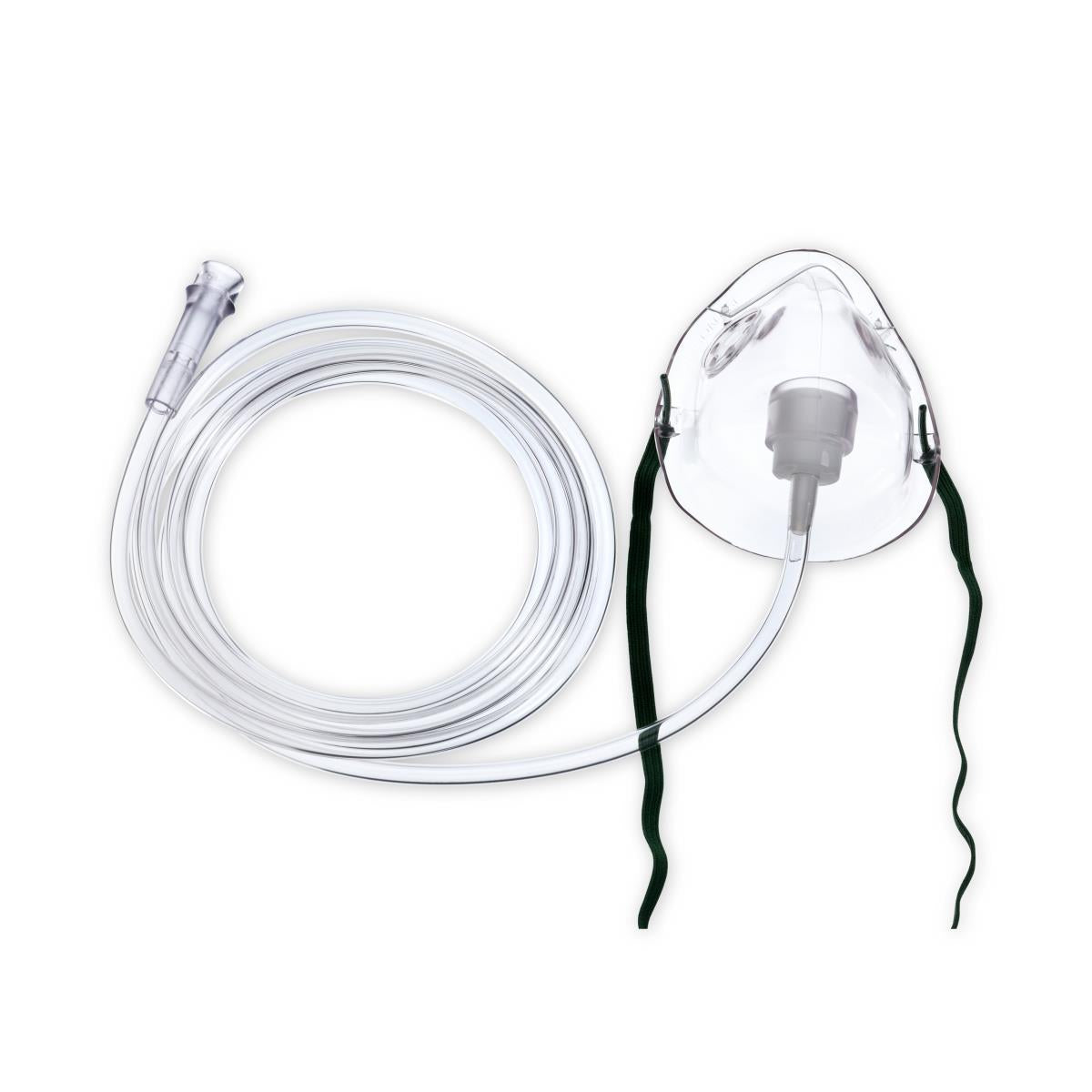 Oxygen mask with clear plastic face cup, green elastic straps, and coiled clear tubing with connector, on white background