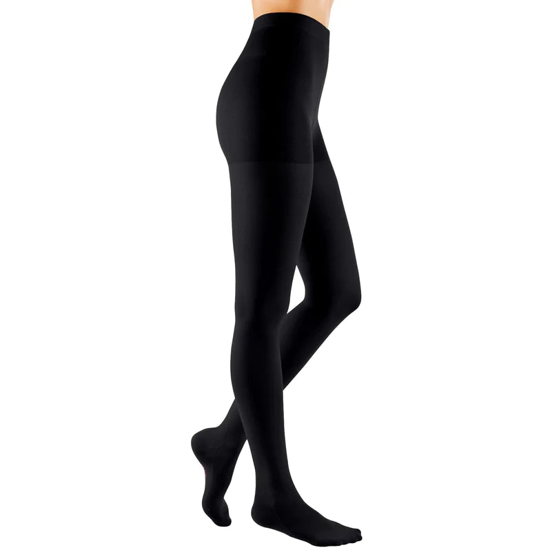 Compression maternity pantyhose in black with closed toe and wide adjustable waistband, shown on a side-profile model