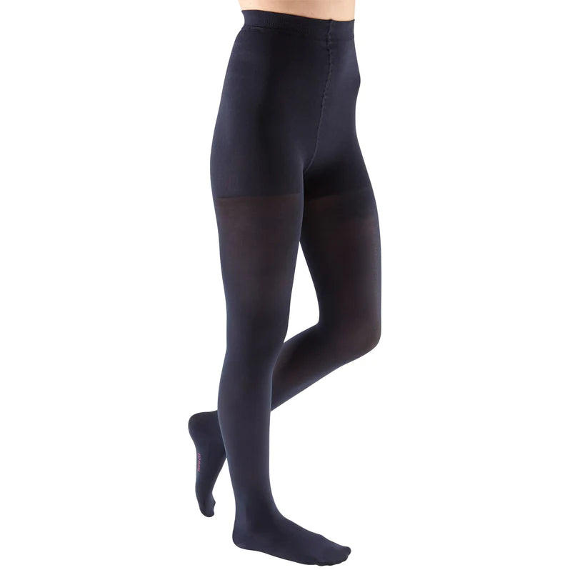 Compression pantyhose in navy, full length view on model showing closed toe and adjustable waistband