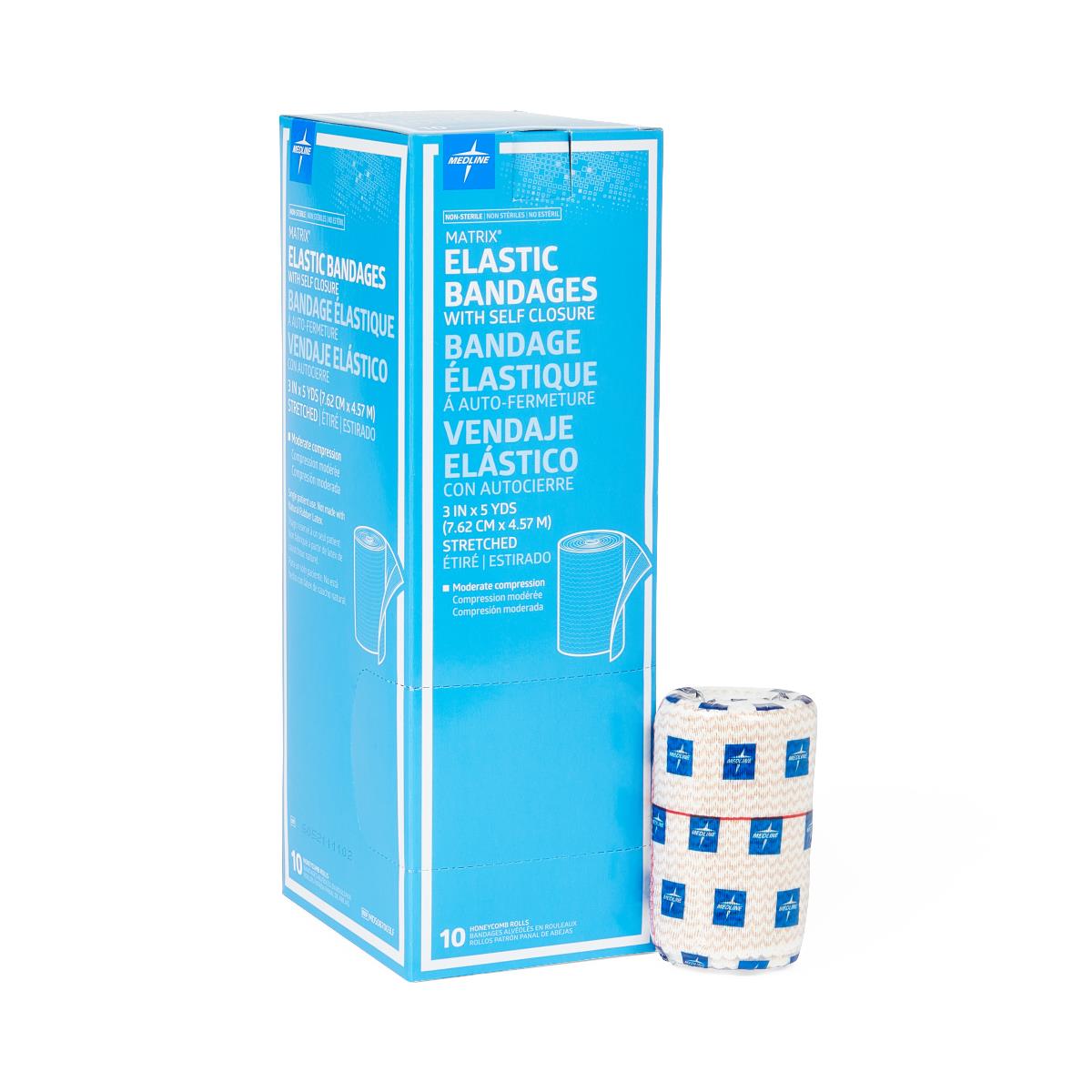 Elastic bandage rolls with self-closure beside a blue box containing 10 rolls, white with blue logo pattern