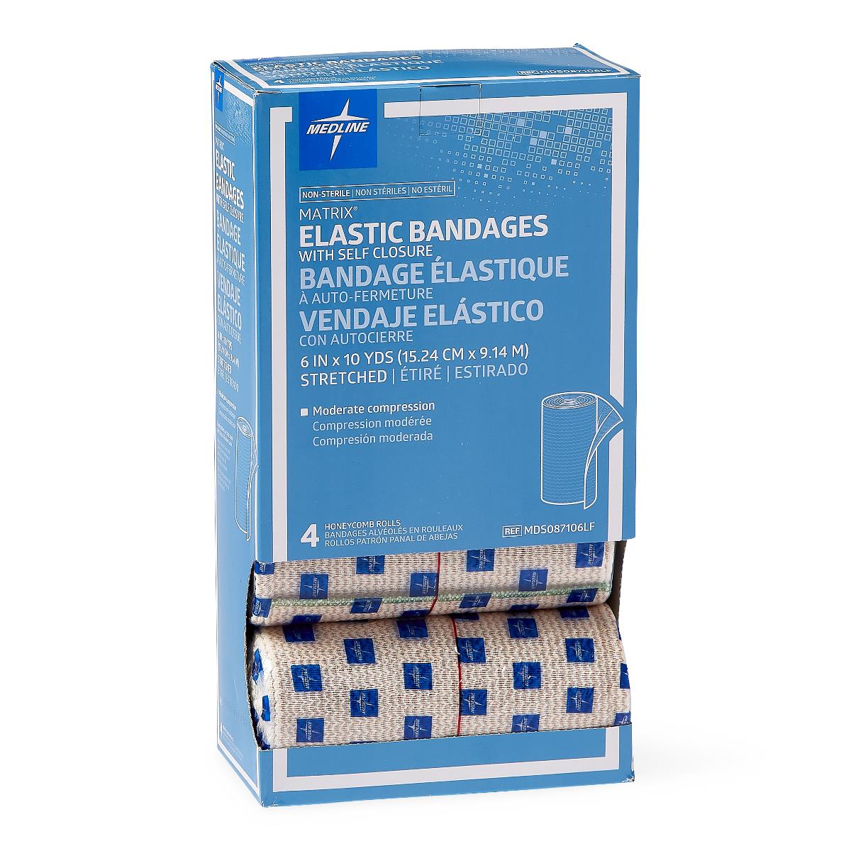 Elastic bandage rolls with self-closure in open blue Medline box showing four honeycomb-weave rolls with blue logo pattern