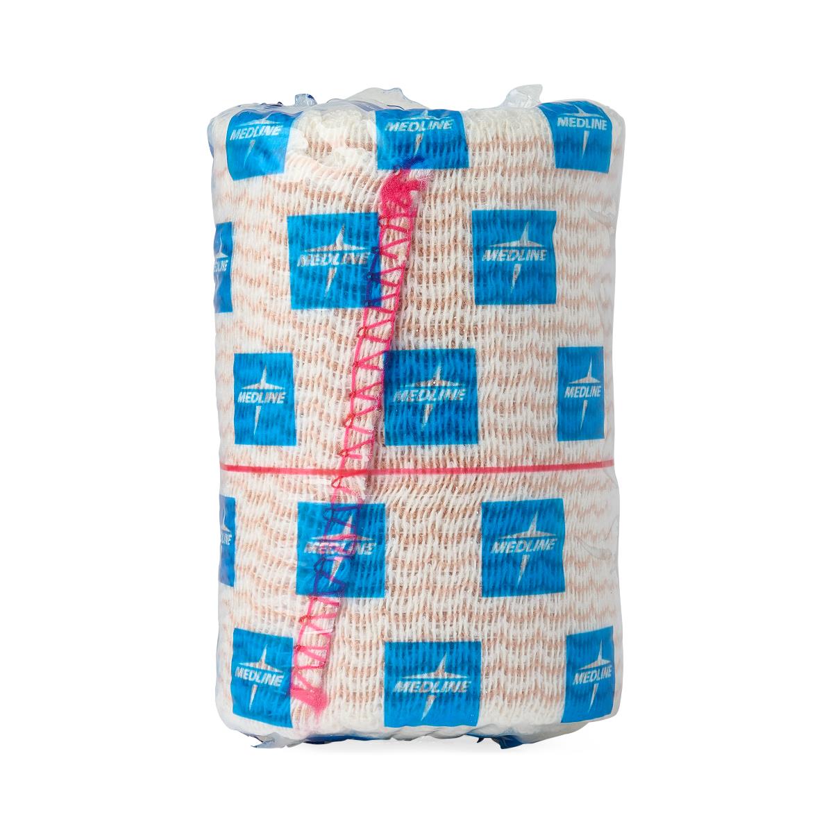 Elastic bandage roll with blue Medline branding and pink woven stripe detail, wrapped in clear plastic packaging