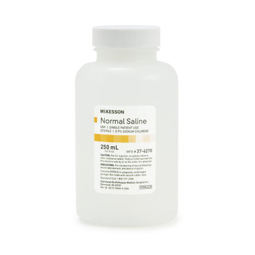 Sterile saline solution bottle, 250 mL, with white cap and labeled product information on white background