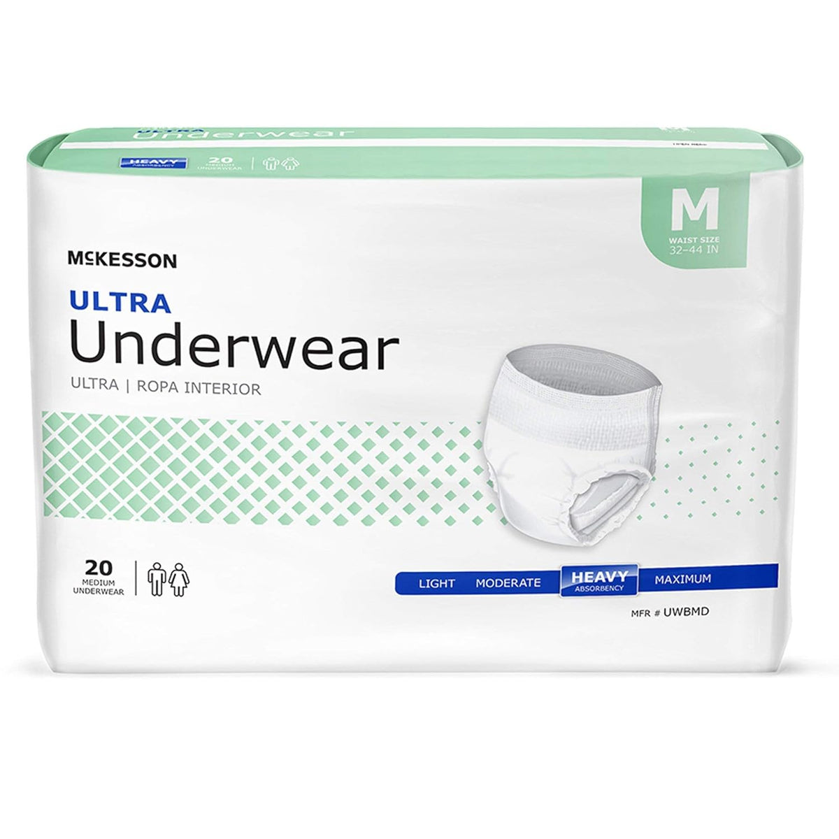 Absorbent underwear package, McKesson Ultra pull-on style, medium size, heavy absorbency, 20 count, white with green accents
