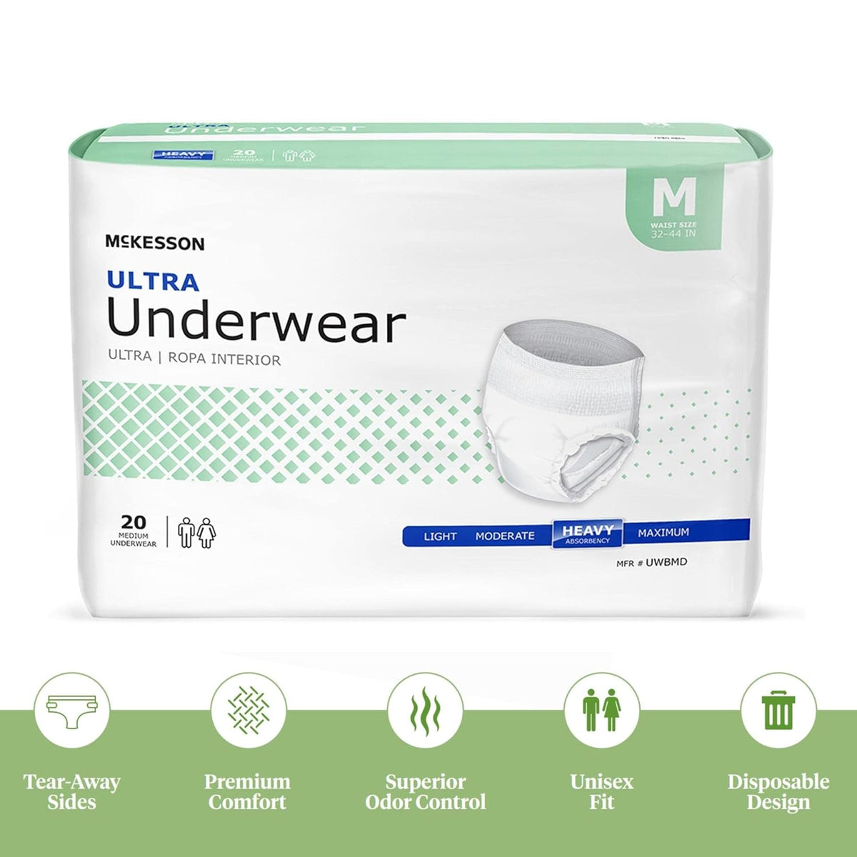 McKesson Ultra Pull On absorbent underwear package, medium size, 20 count, heavy absorbency, with feature icons below