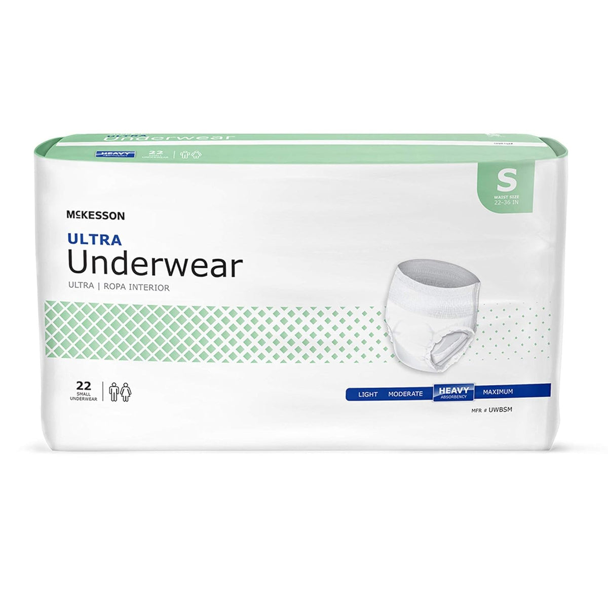 McKesson Ultra absorbent pull-on underwear packaging, size small, 22 count, heavy absorbency, white and green bag with