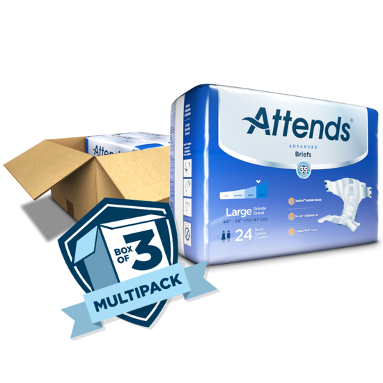Attends Advanced Briefs large size 24-count package with open shipping box and box-of-3 multipack badge