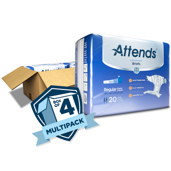 Attends Advanced Briefs regular size 20-count package shown with open shipping box and box-of-4 multipack badge