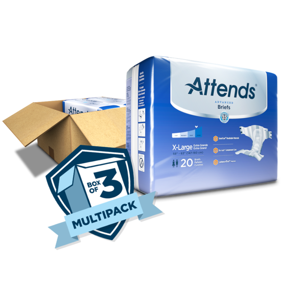 Attends Advanced Briefs X-Large multipack, box of 3, showing retail packaging and open shipping box on white background