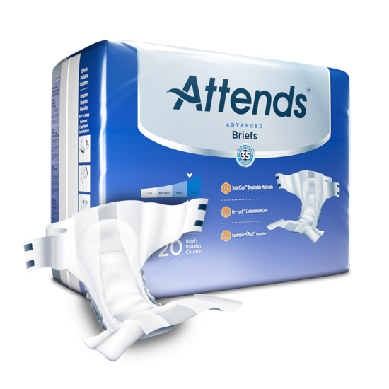 Attends Advanced Briefs packaging with a single brief displayed in front of the blue 20-count bag