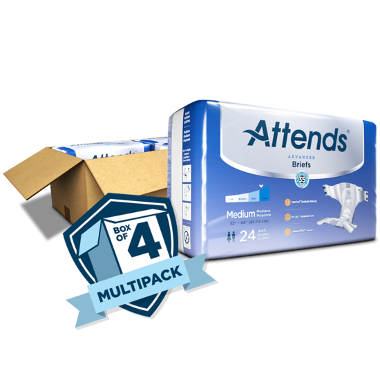 Attends Advanced Briefs medium size 24-count package beside open cardboard box with box of 4 multipack badge