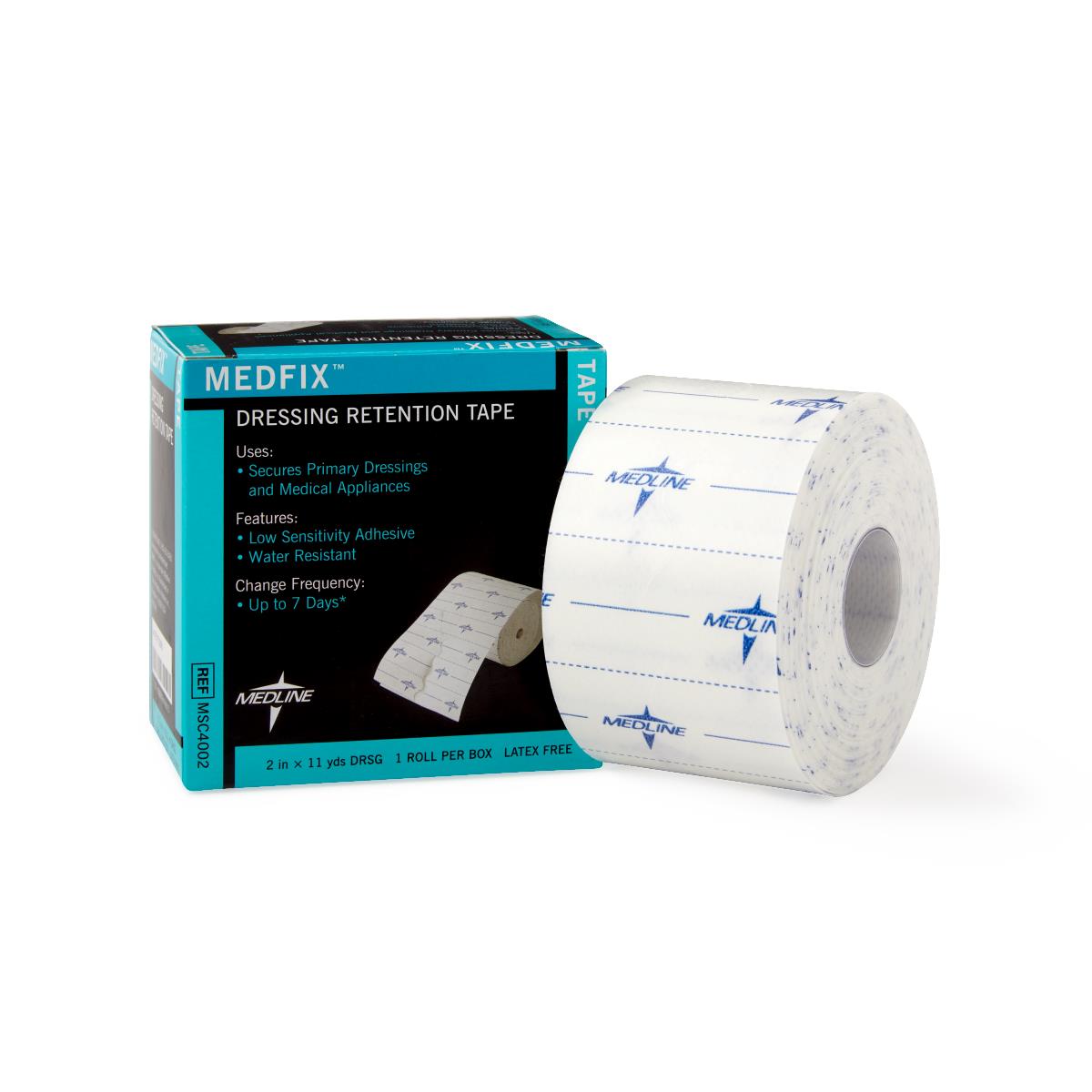Dressing retention tape roll beside teal and black product box on white background