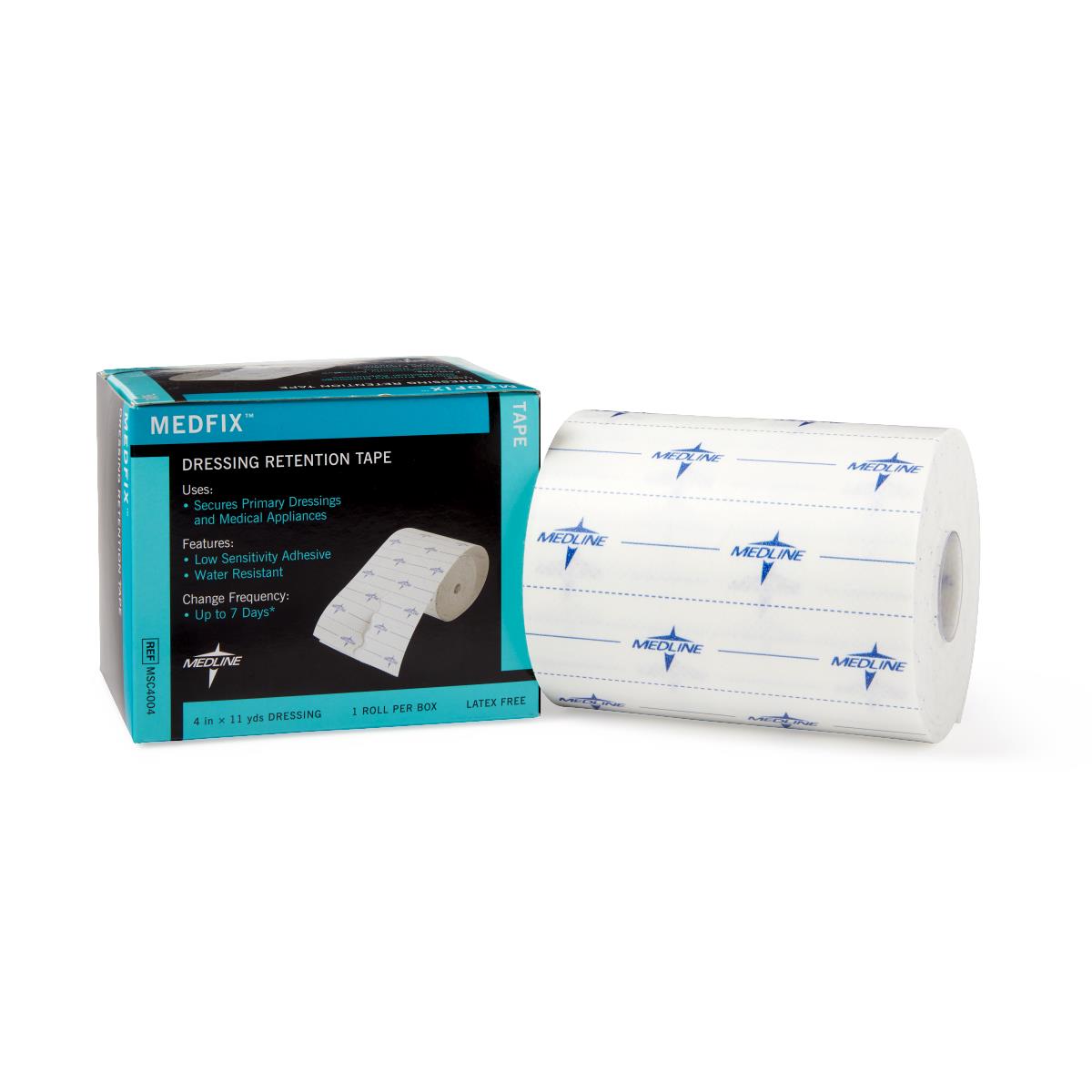 Dressing retention tape roll beside its teal and black retail box on a white background