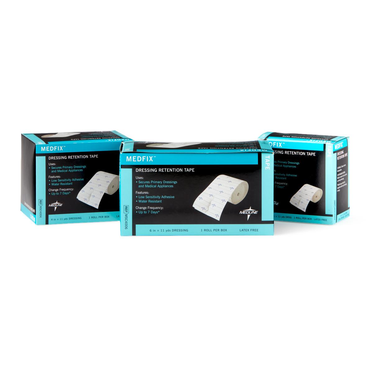 MedFix dressing retention tape rolls in three black and teal retail boxes displayed together on white background