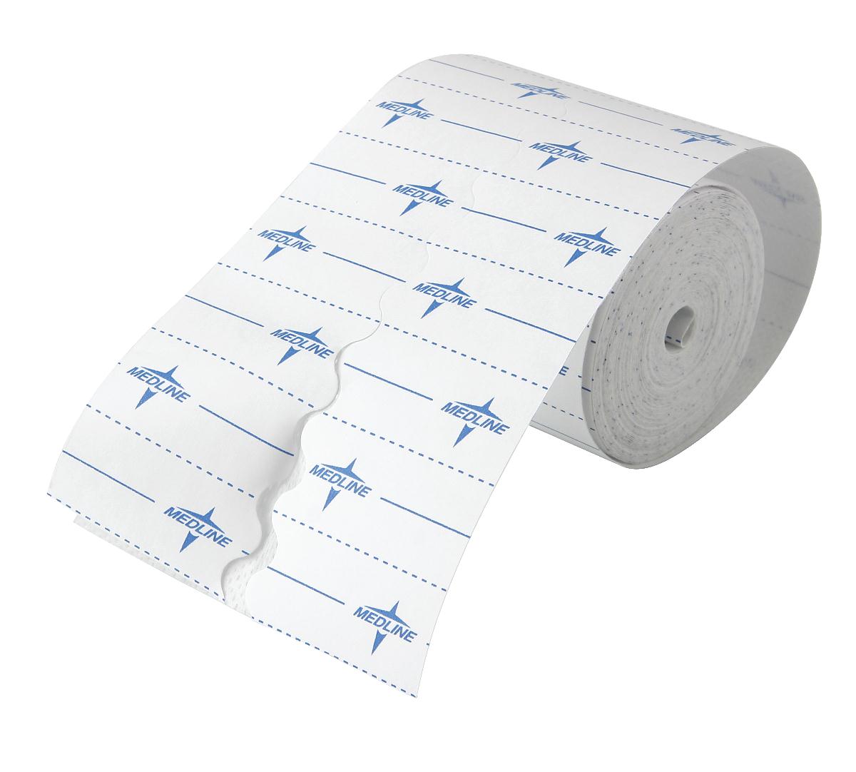 MedFix dressing retention tape roll, white with blue logo print and perforated edges, unrolling on white background