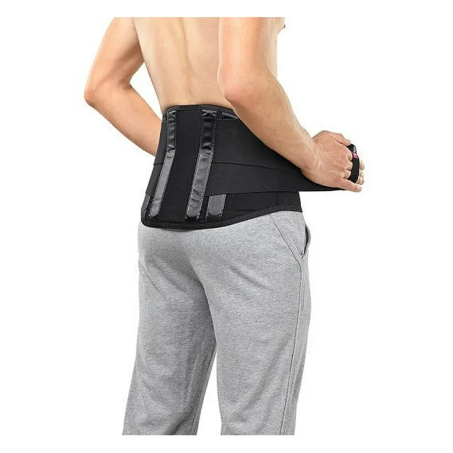 Lumbar back support brace shown from behind on a shirtless male model wearing gray sweatpants, black with rigid stays