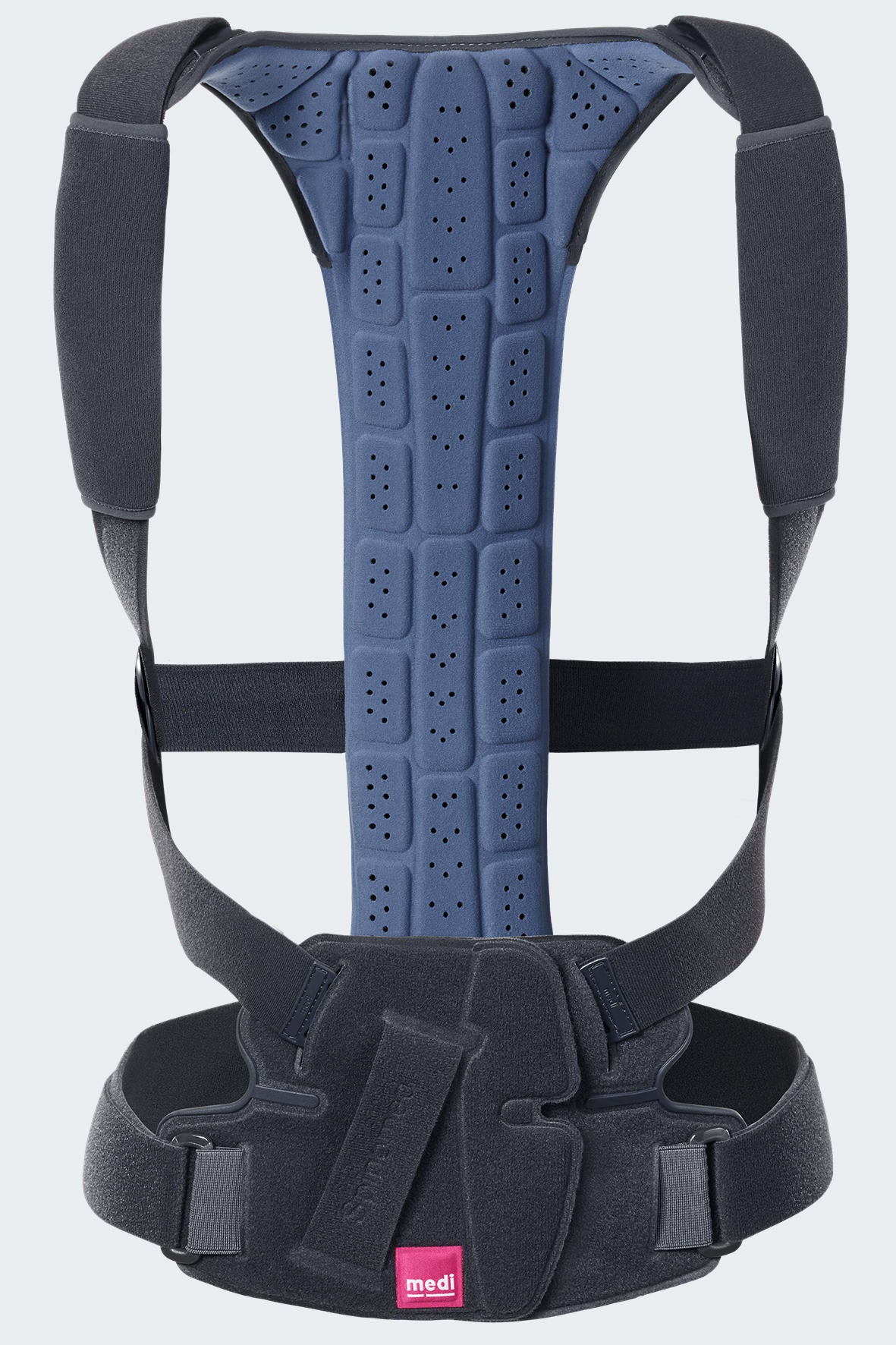 Spinomed spine brace with blue perforated back panel, padded shoulder straps, and adjustable lumbar belt, rear view