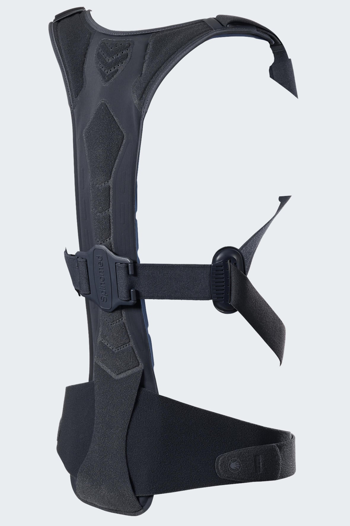 Spinomed spine brace in dark navy with padded back panel, adjustable shoulder straps, waist belt, and front buckle closure
