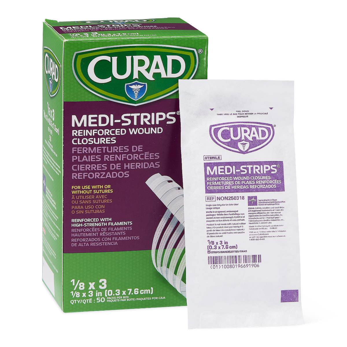 Wound closure strips in green and purple Curad Medi-Strips box of 50 packs with one individual sterile packet shown in front