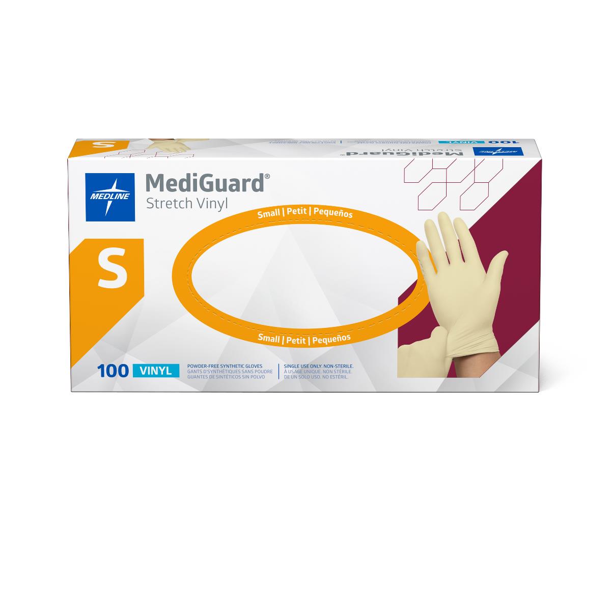 Disposable vinyl exam gloves box, size small, 100-count, cream colored, powder-free, with gloved hand shown on packaging