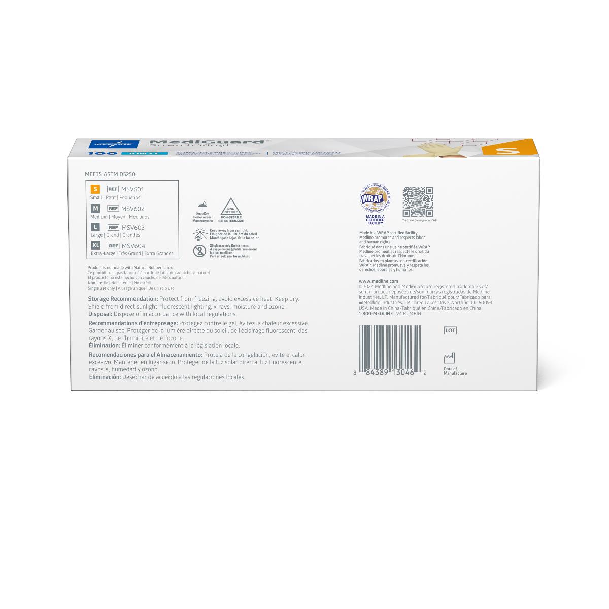 Disposable exam gloves box back panel showing MediGuard Stretch Vinyl label, size chart, storage instructions, and barcode