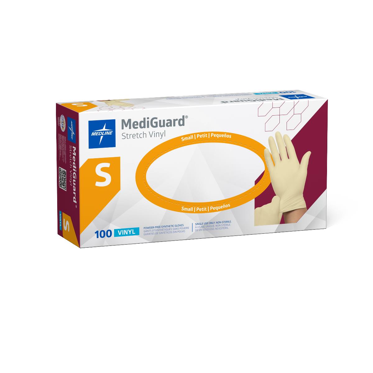 Box of MediGuard Stretch Vinyl powder-free disposable exam gloves, small size, 100 count, white and maroon packaging