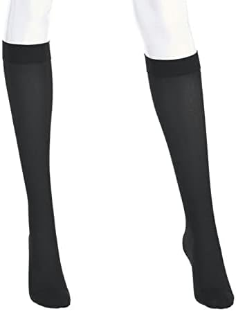 Compression knee-high socks in black, closed toe, worn on a mannequin's lower legs against a white background
