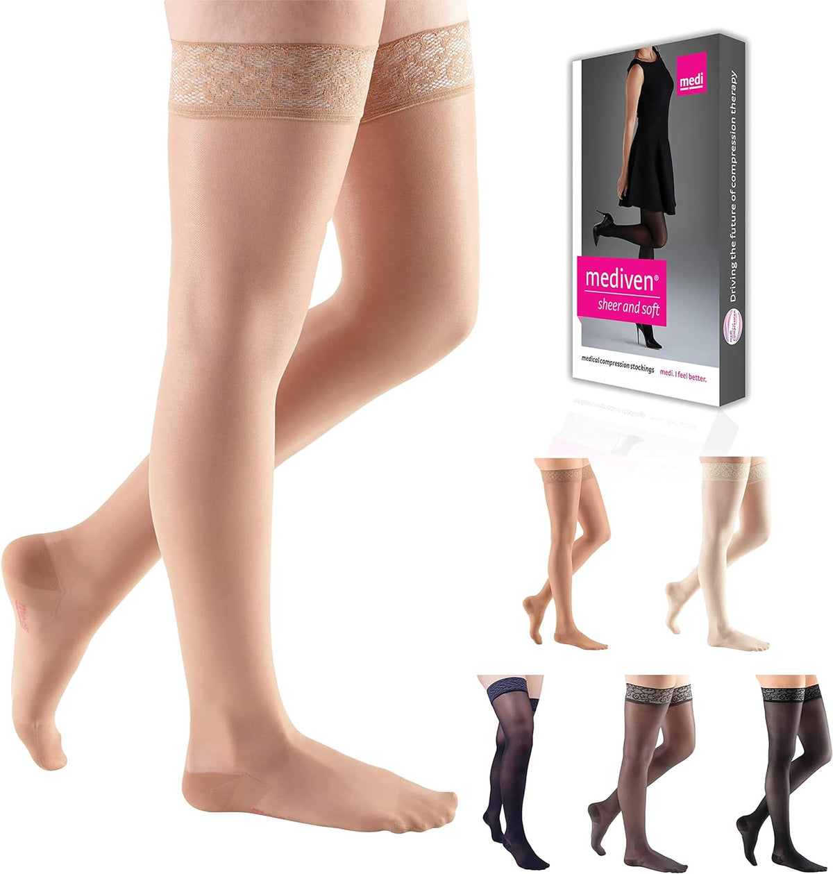 Compression thigh-high stockings with lace silicone top band shown in beige, displayed with product box and color variant